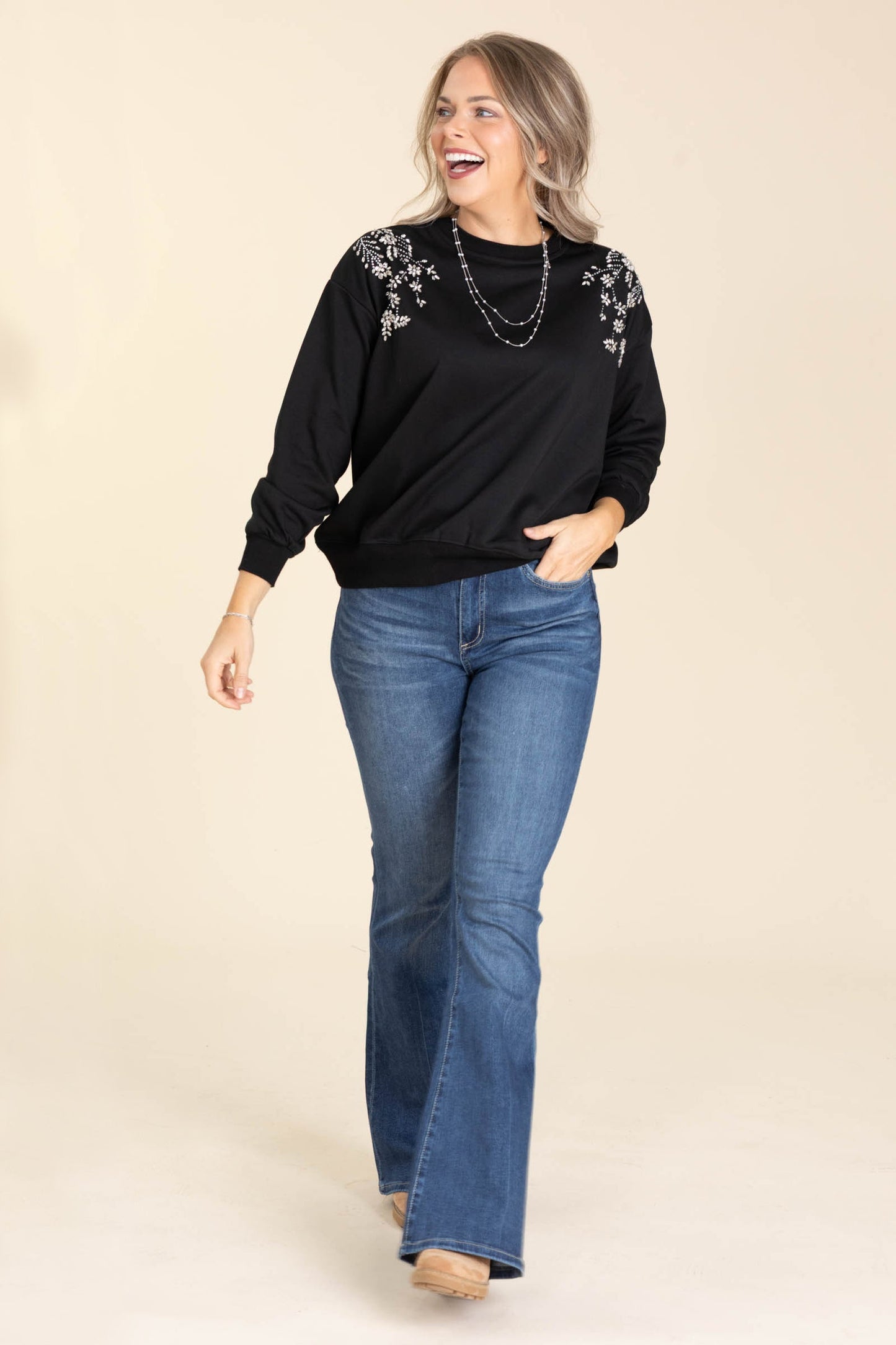 Black Stone Flowers Knit Crewneck Top