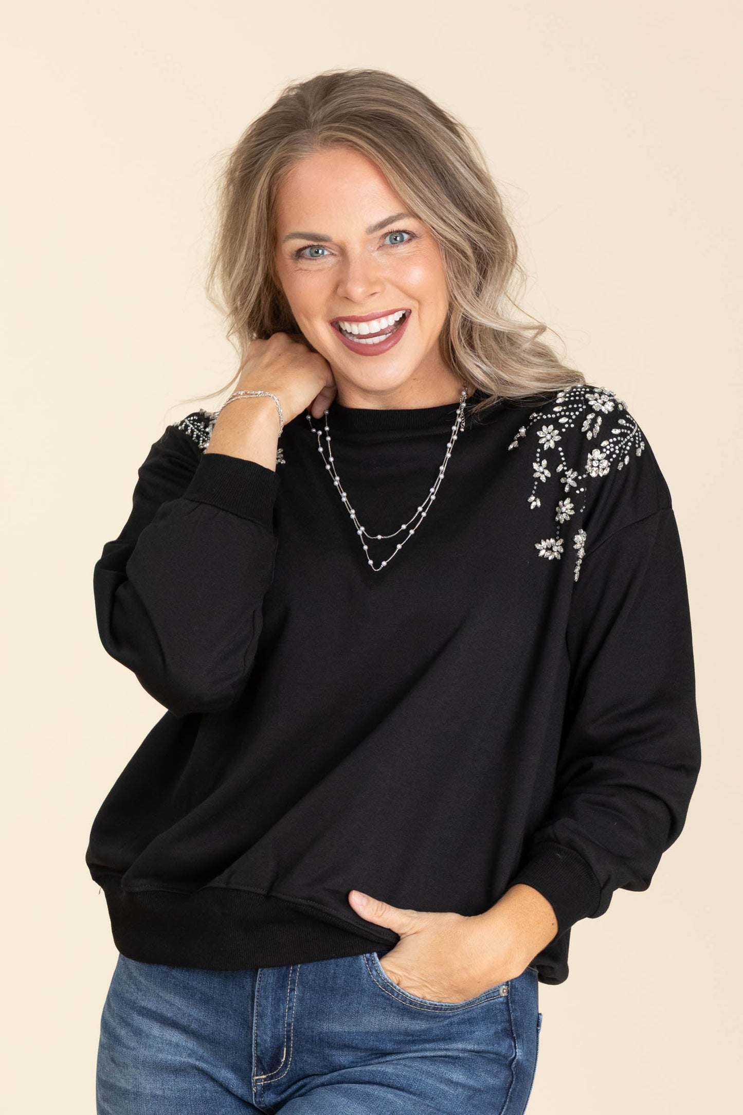 Black Stone Flowers Knit Crewneck Top