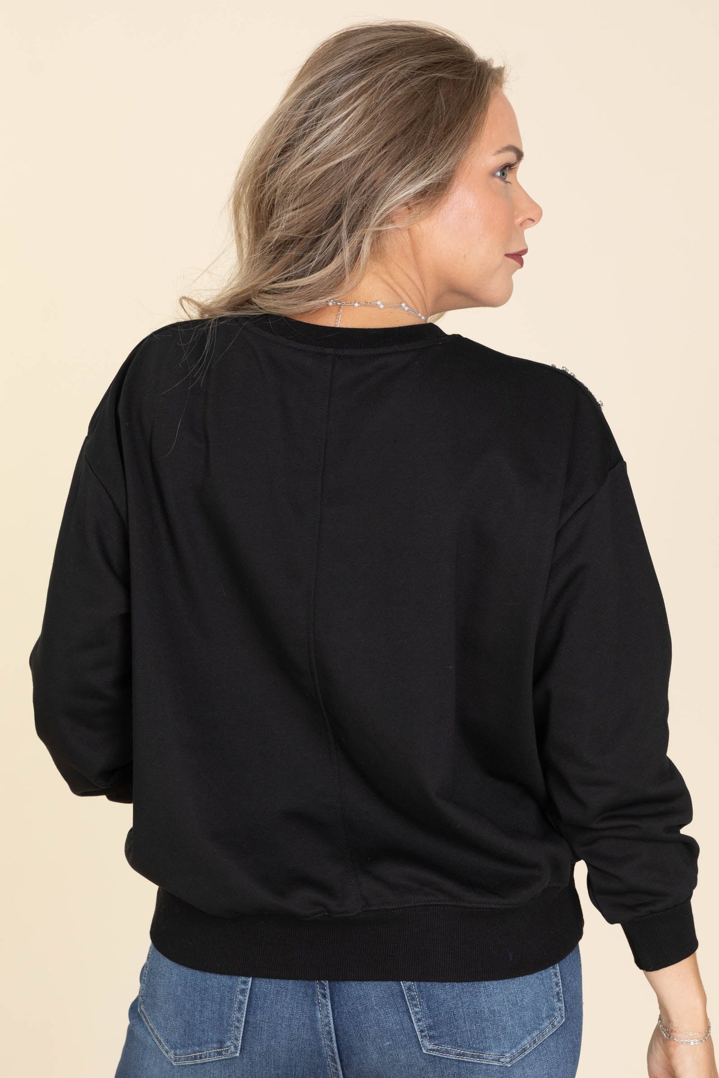 Black Stone Flowers Knit Crewneck Top