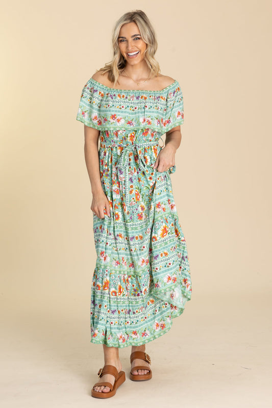 Mint Boho Off The Shoulder Maxi Dress