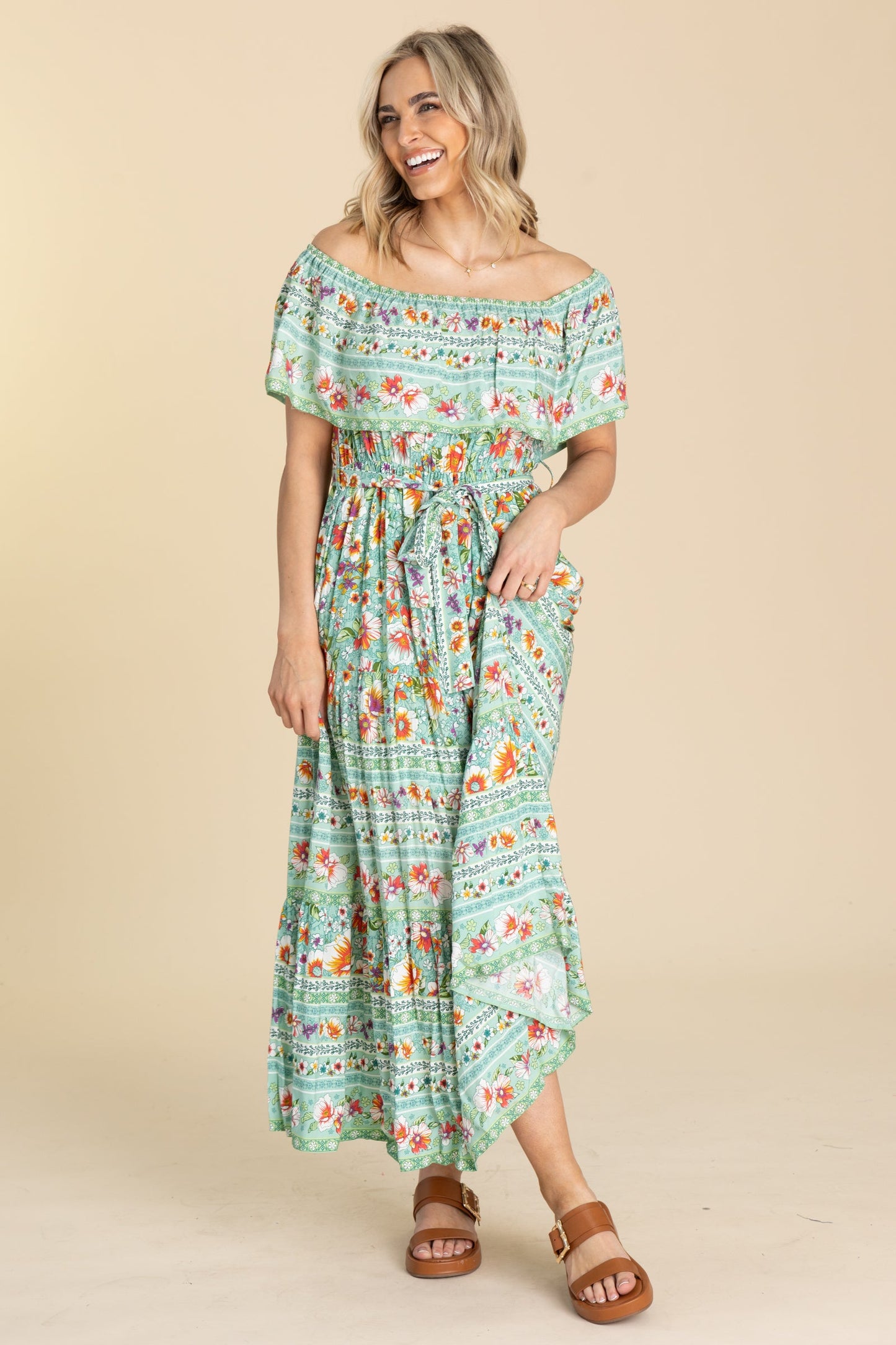 Mint Boho Off The Shoulder Maxi Dress