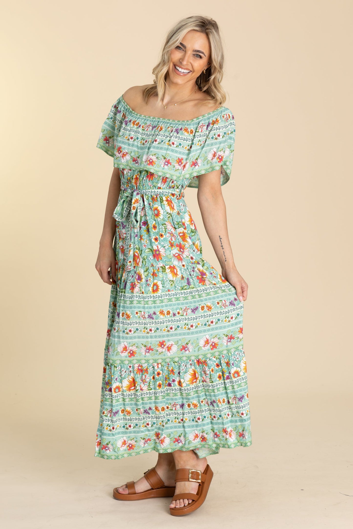 Mint Boho Off The Shoulder Maxi Dress