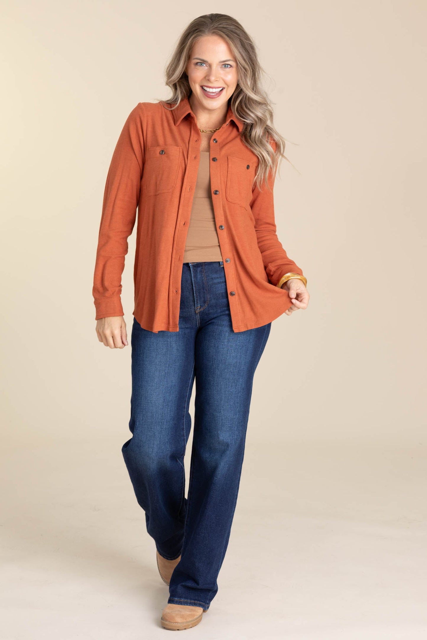 Rust Super Soft Knit Button Up Top