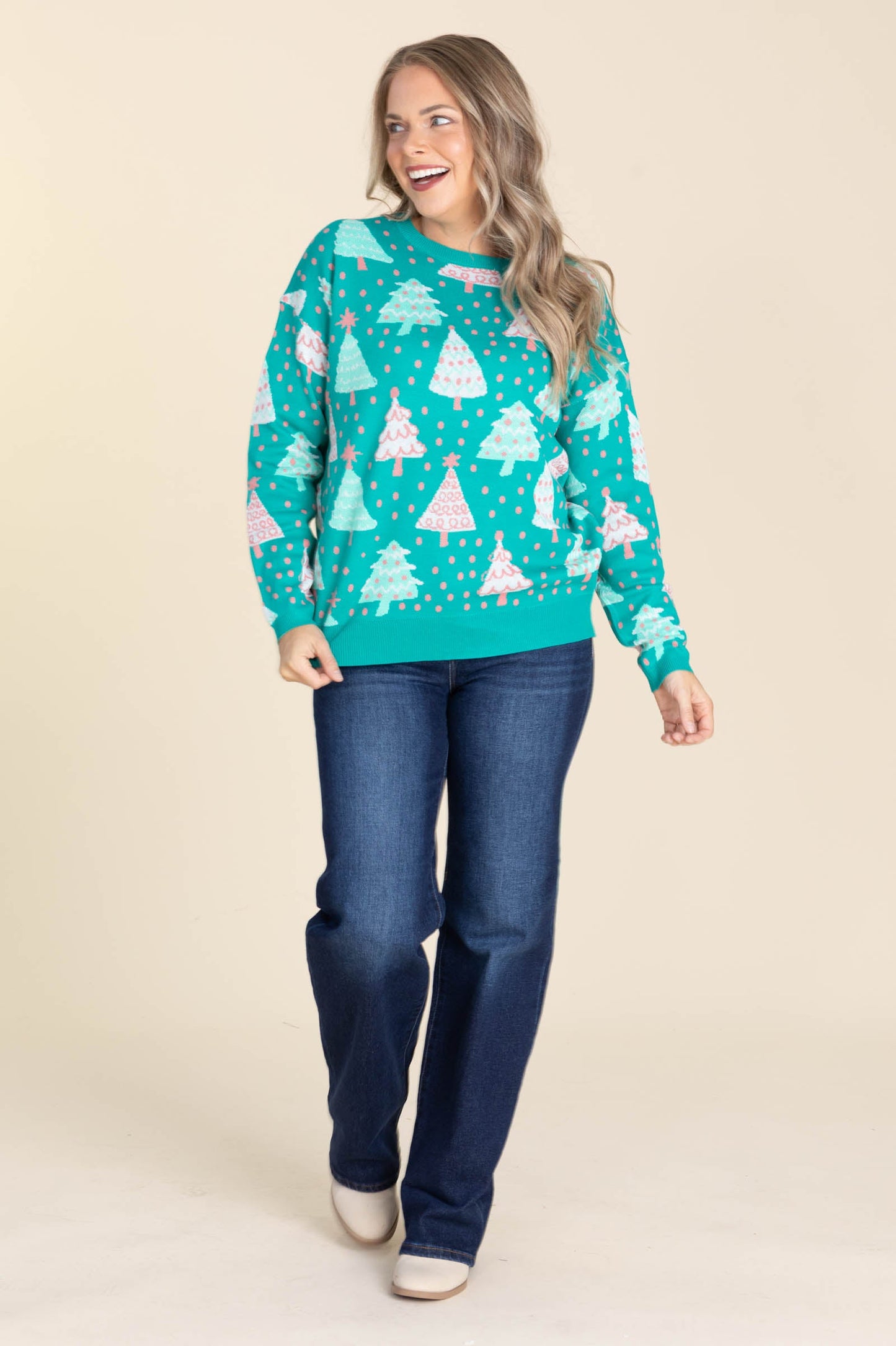 Aqua Green Sweater Christmas Trees And Dots