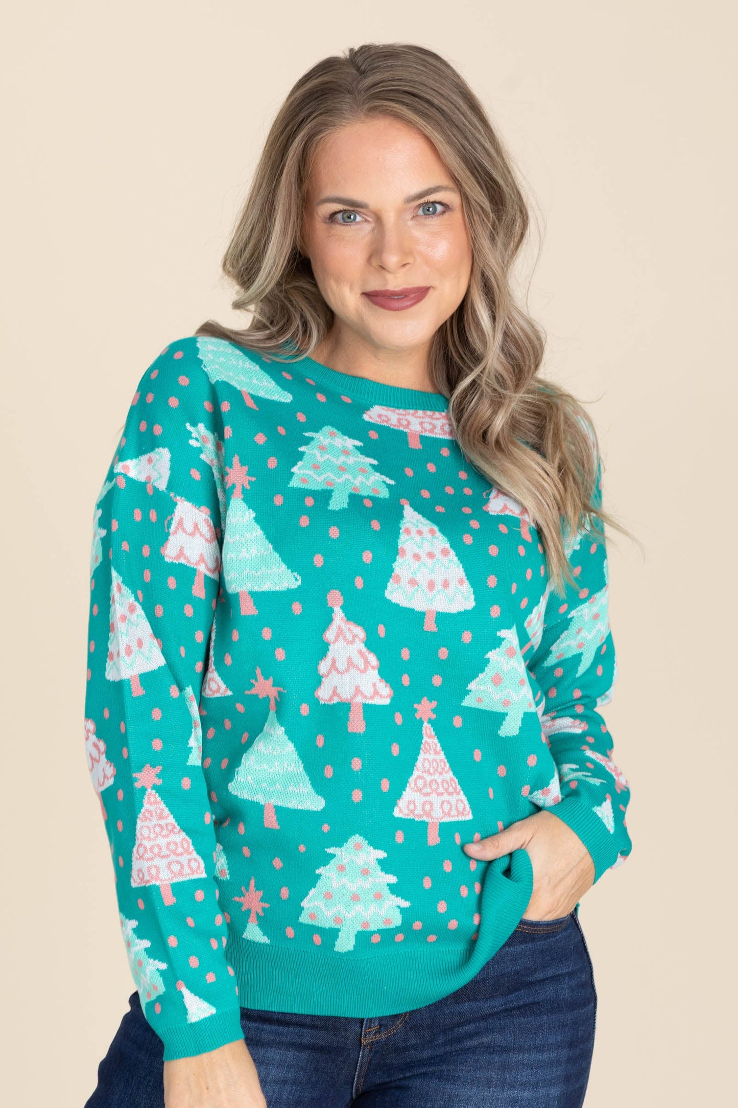 Aqua Green Sweater Christmas Trees And Dots