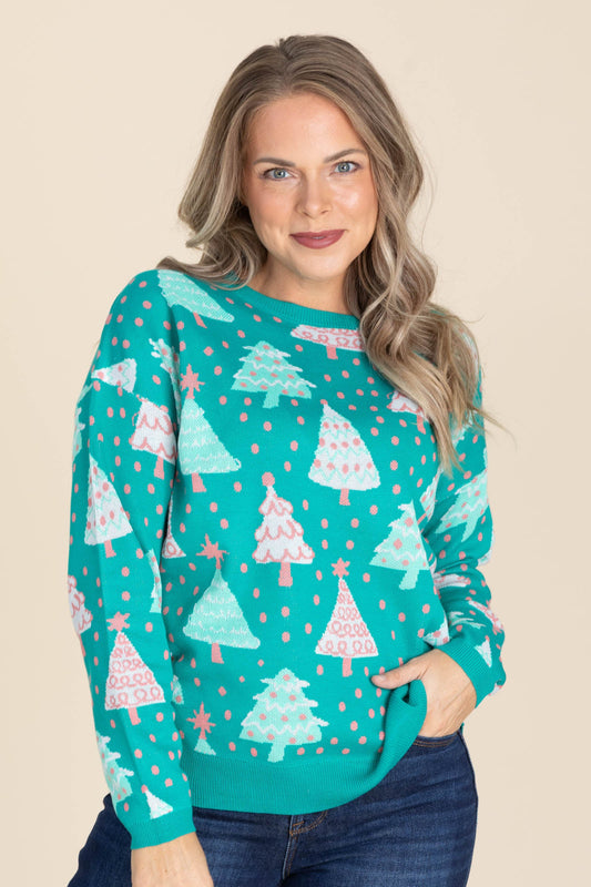 Aqua Green Sweater Christmas Trees And Dots