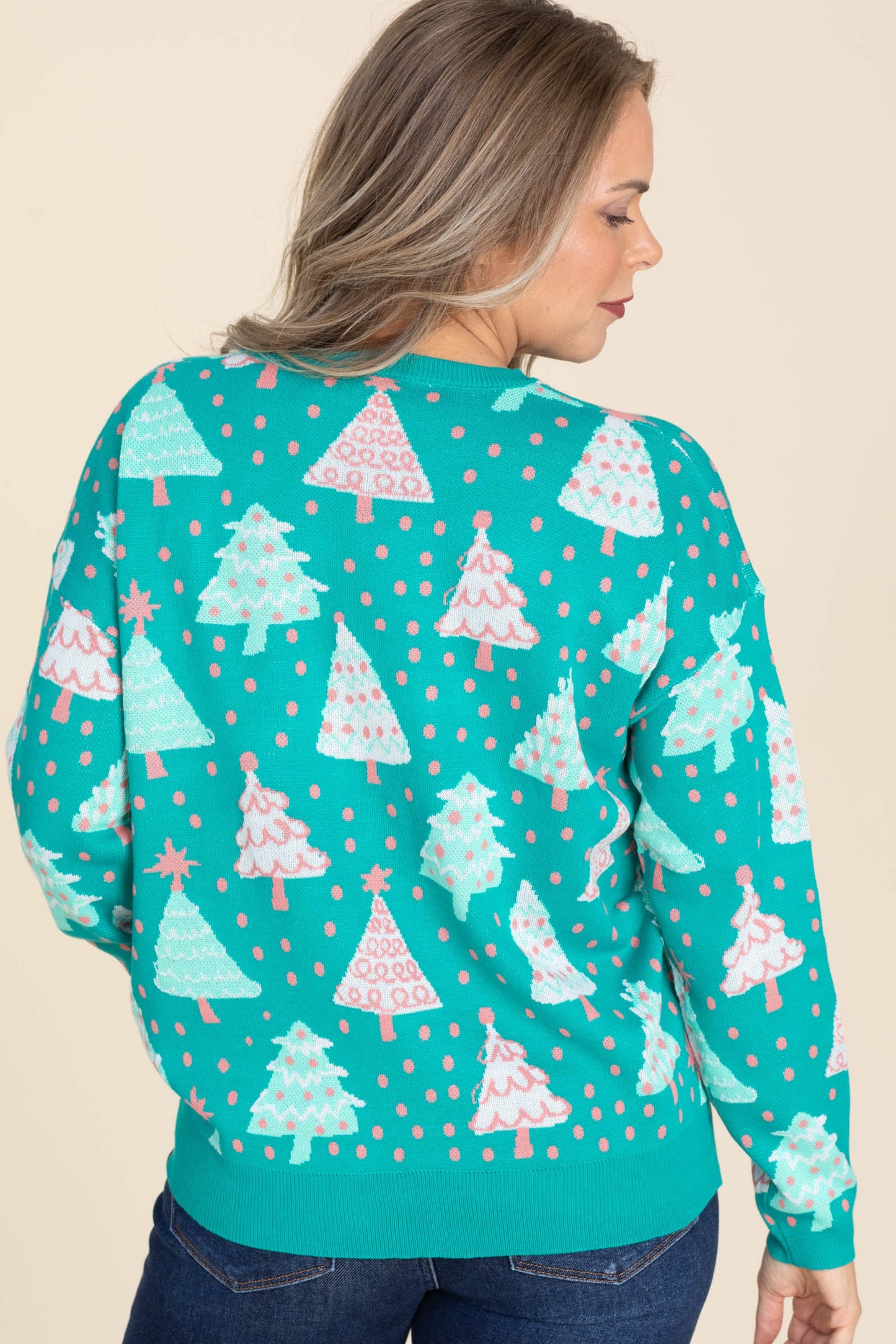 Aqua Green Sweater Christmas Trees And Dots