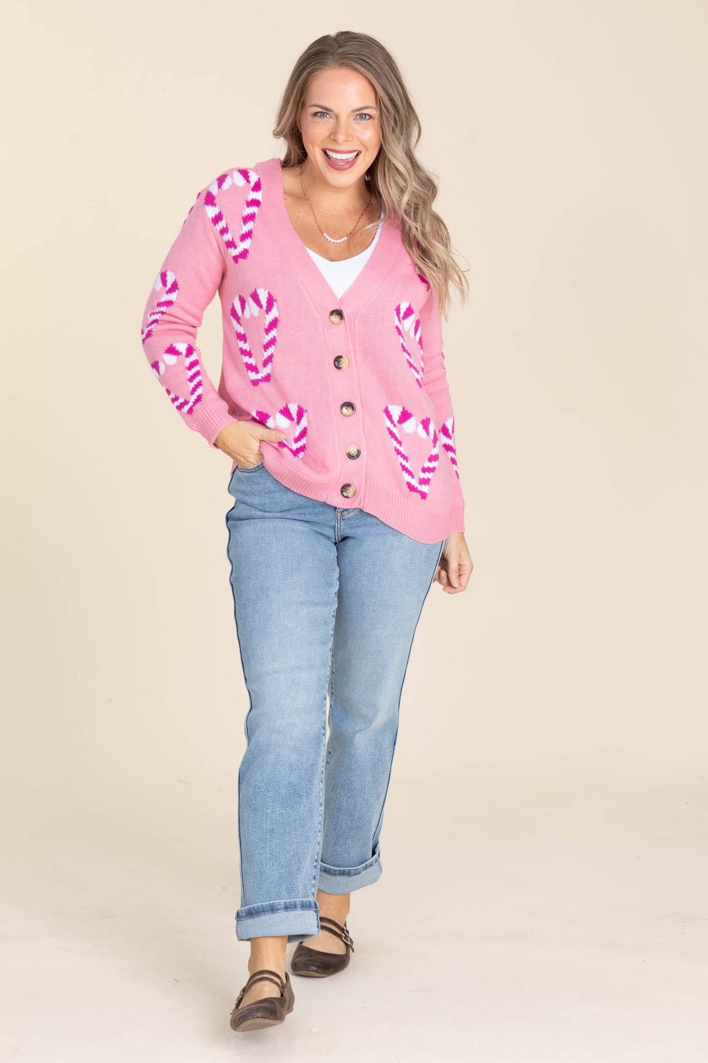Pink Candy Canes Button Sweater Cardigan