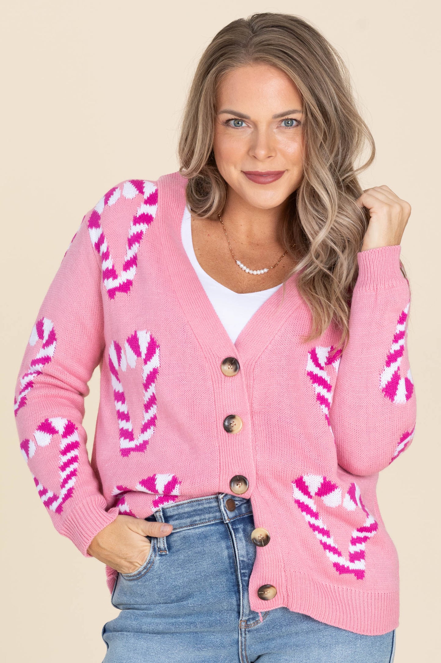 Pink Candy Canes Button Sweater Cardigan