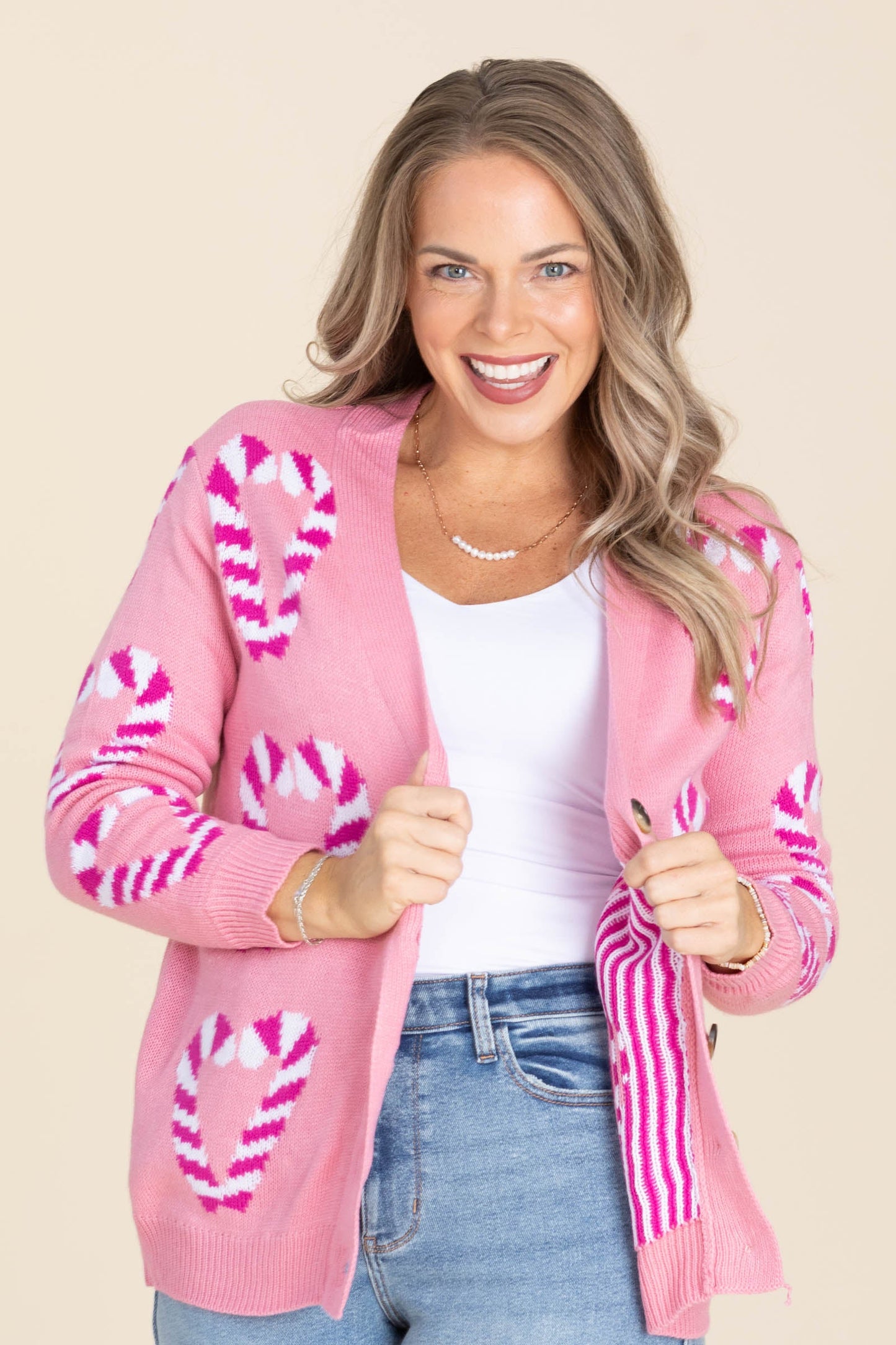 Pink Candy Canes Button Sweater Cardigan