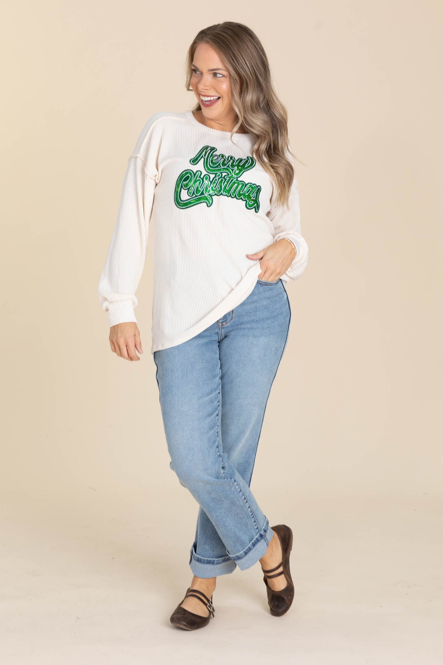 Ribbed Knit Tops With Merry Christmas Graphic