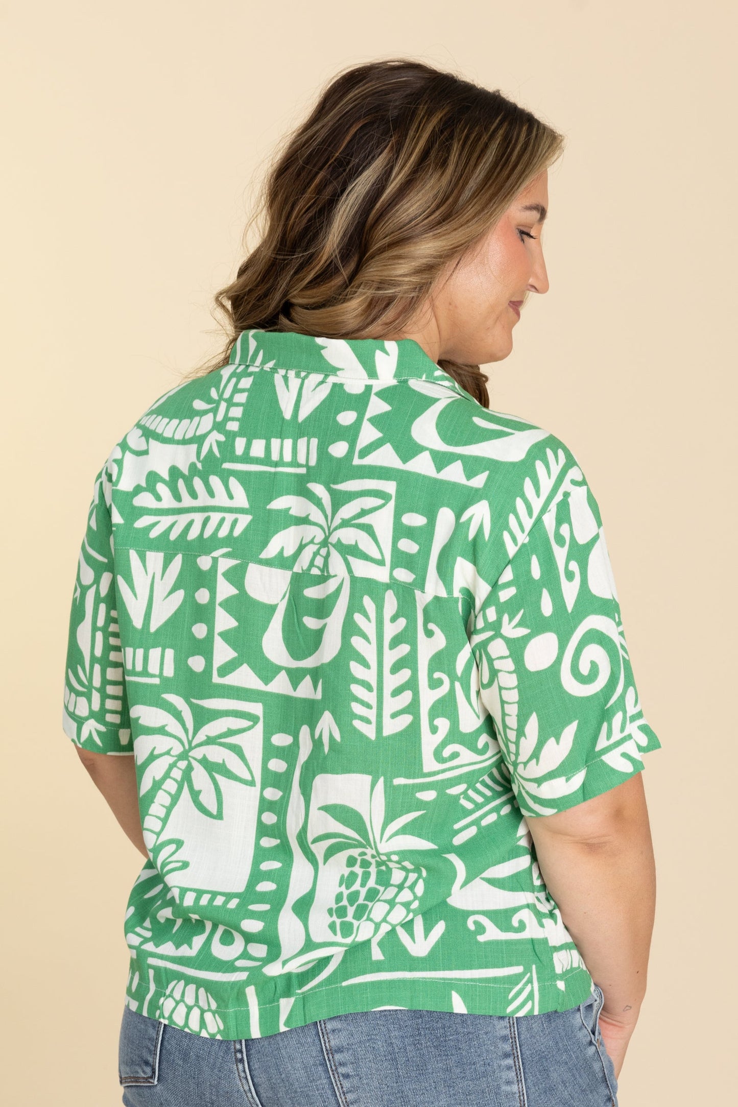 Green Button Down Resort Woven Top