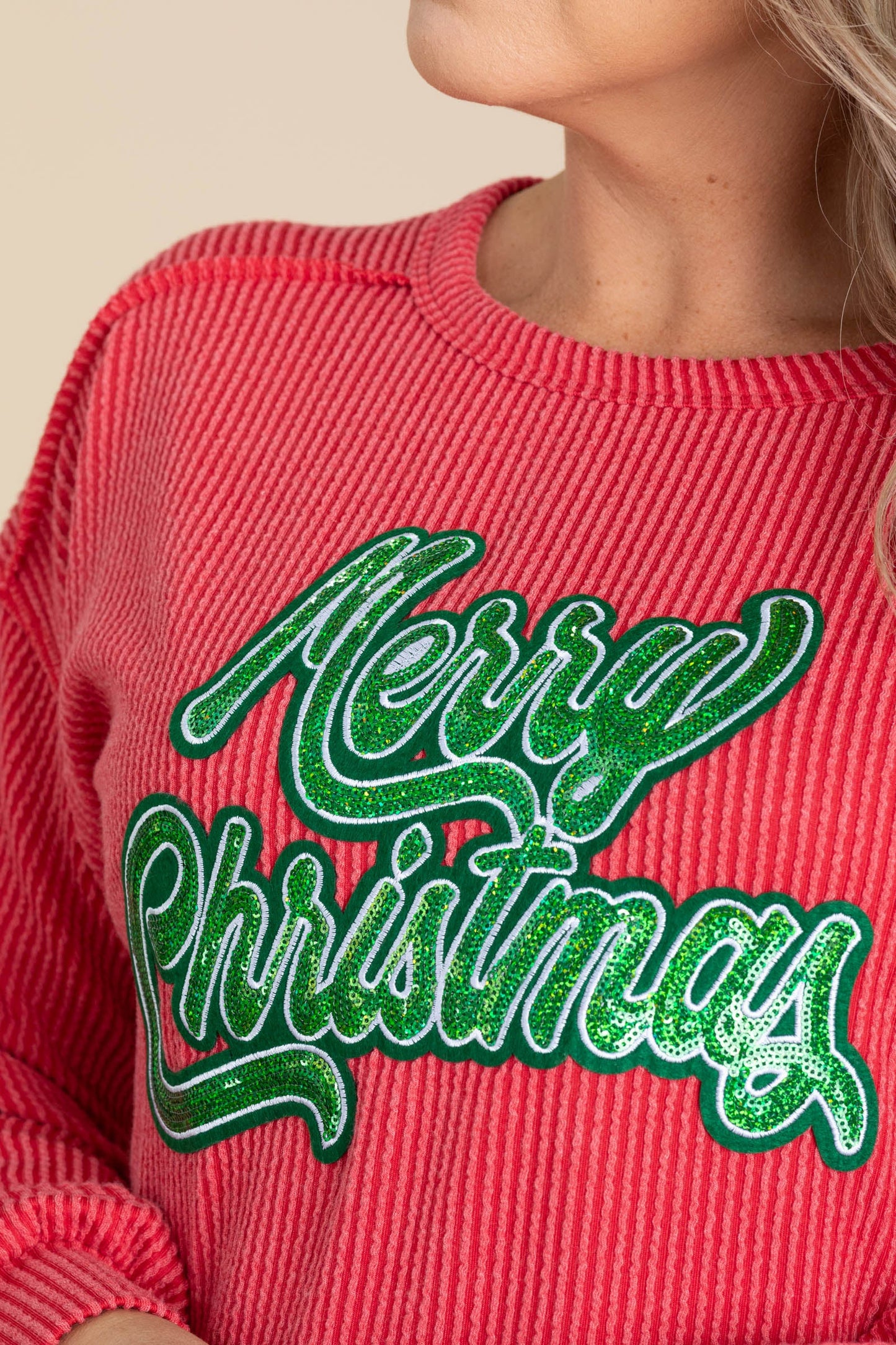 Ribbed Knit Tops With Merry Christmas Graphic