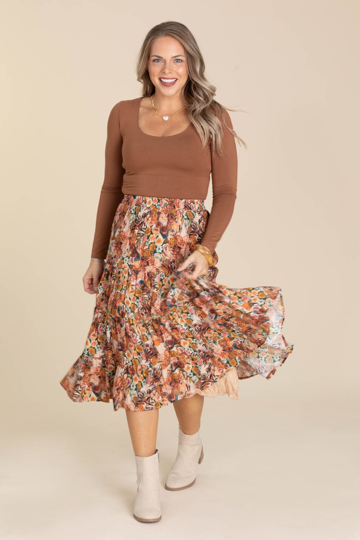 Taupe Bohemian Floral Elastic Tiered Skirt