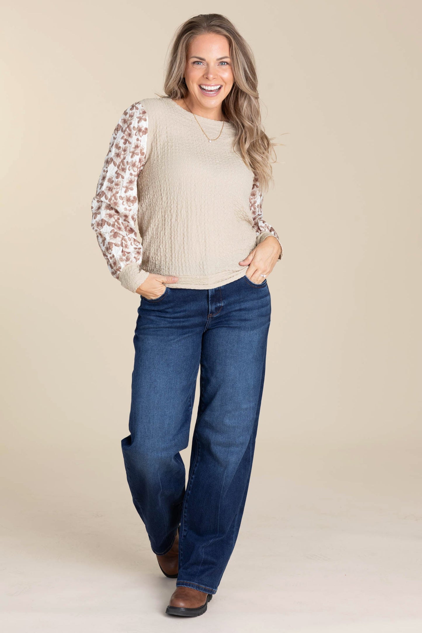 Taupe Mix Media Textured Floral Sleeve Knit Top