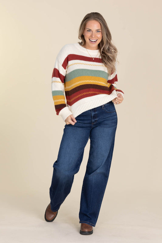 Ivory Fall Knit Striped Drop Shoulder Sweater