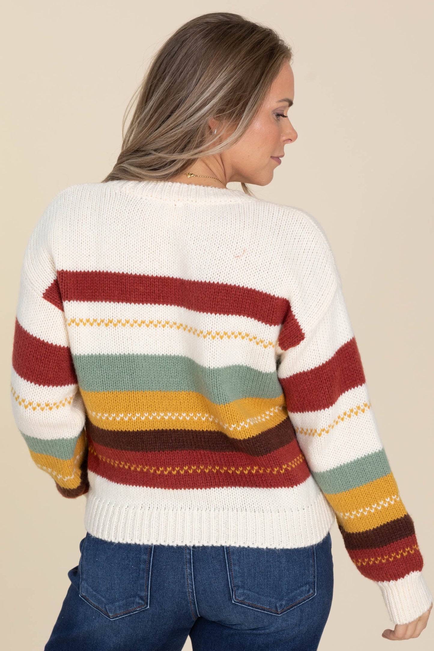 Ivory Fall Knit Striped Drop Shoulder Sweater