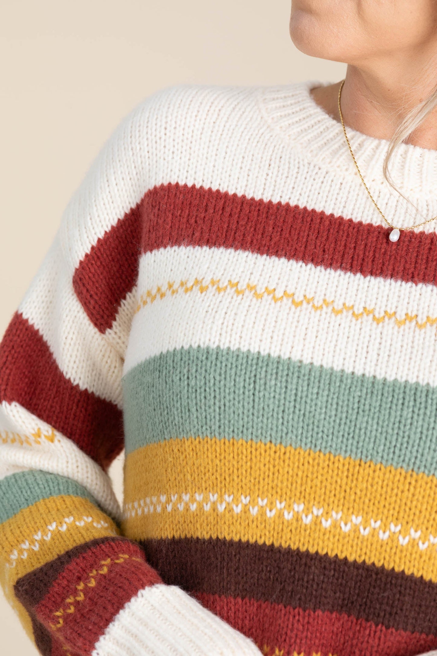 Ivory Fall Knit Striped Drop Shoulder Sweater