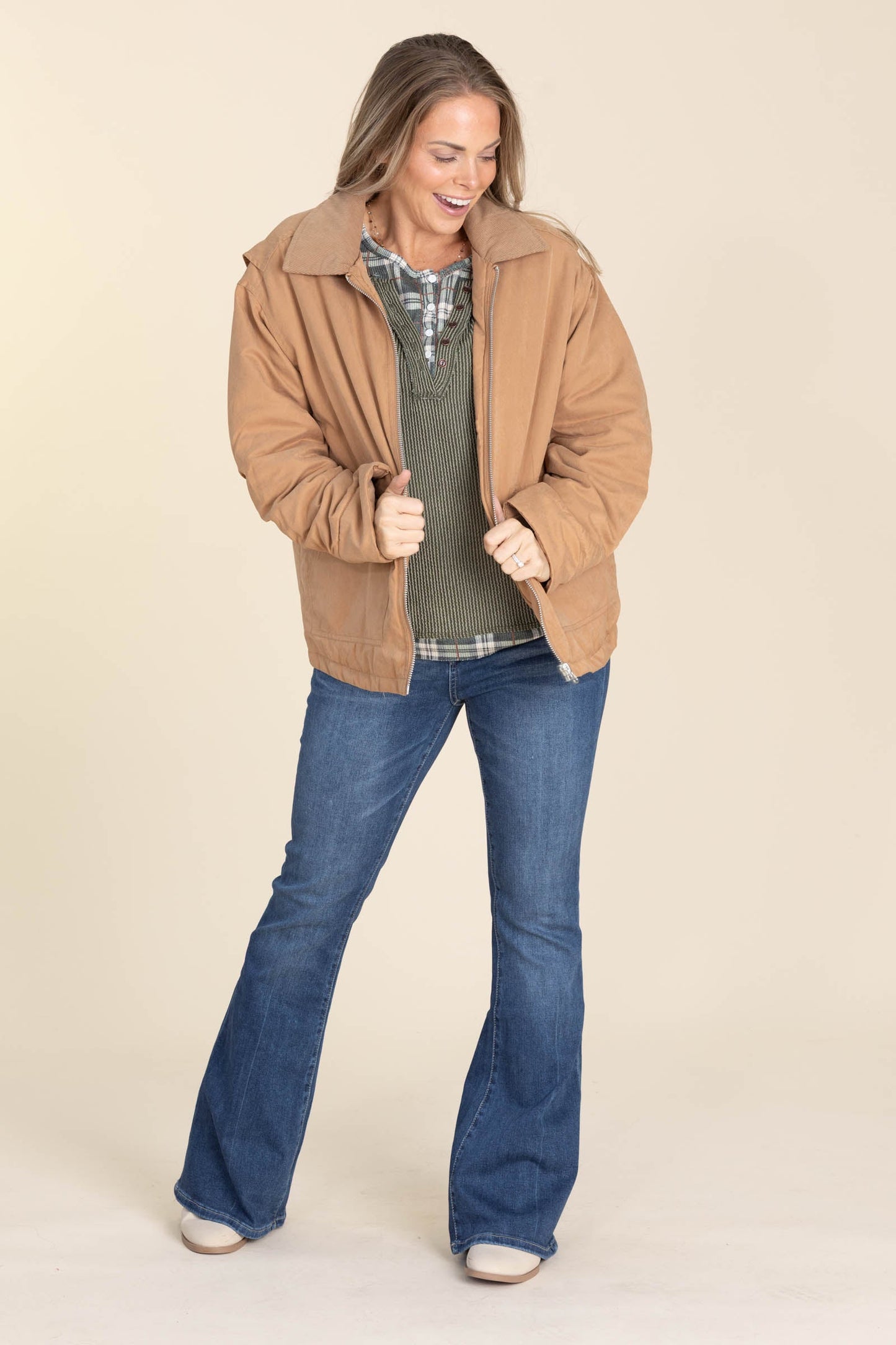 Camel Zip Front Puffer Barn Jacket