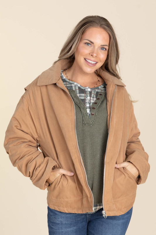 Camel Zip Front Puffer Barn Jacket