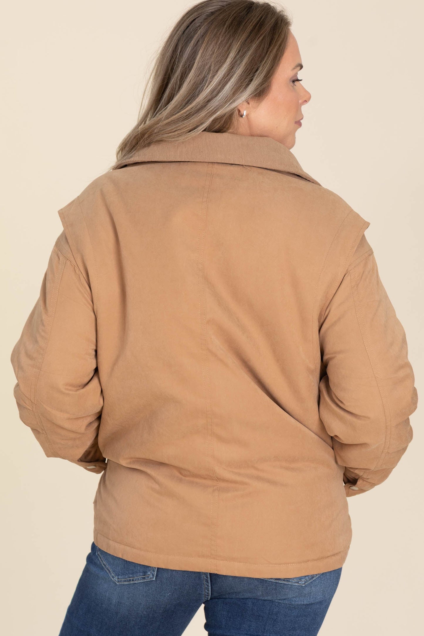 Camel Zip Front Puffer Barn Jacket