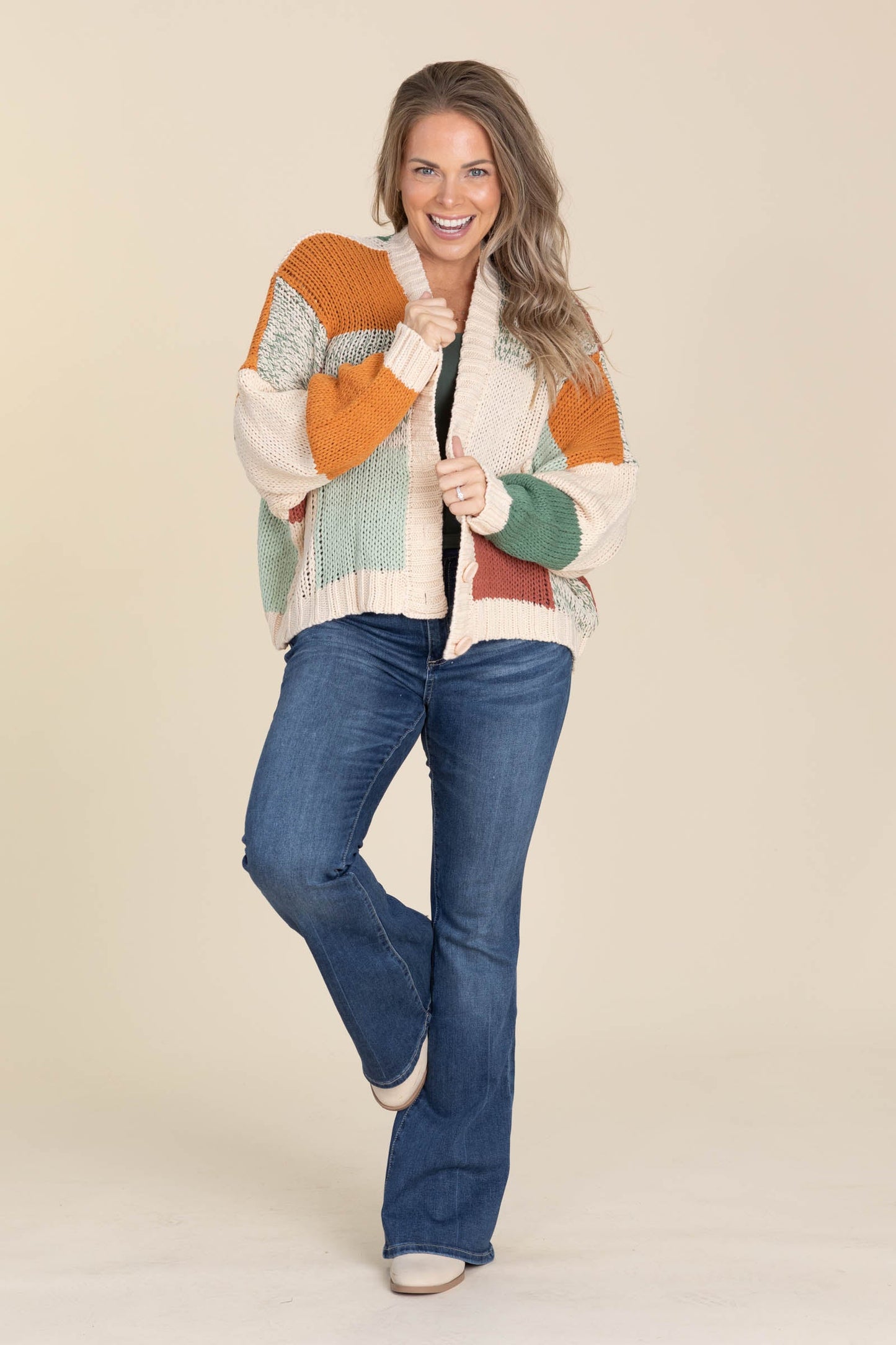 Beige Colorblock Crochet V-Neck Cardigan
