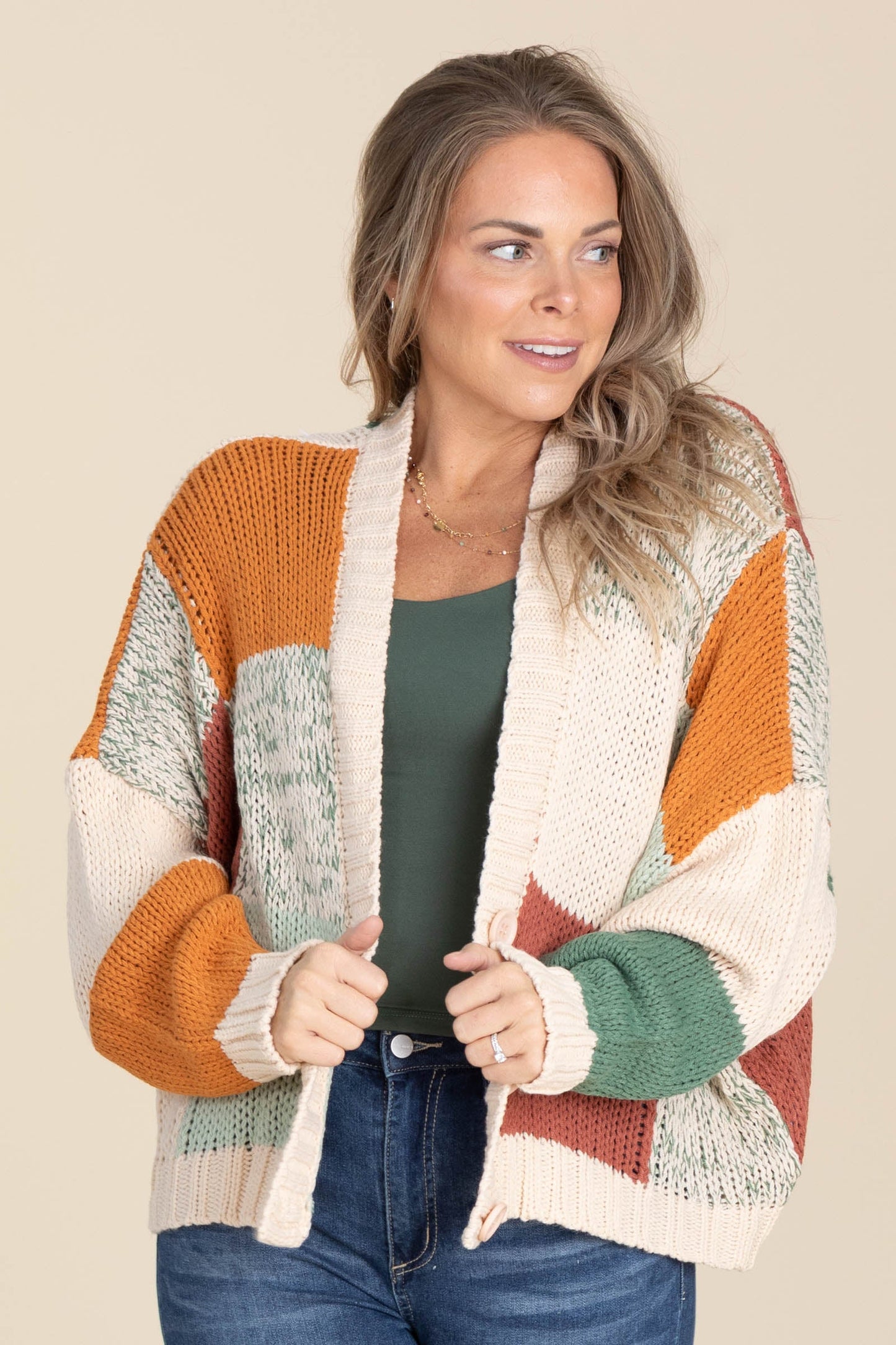 Beige Colorblock Crochet V-Neck Cardigan