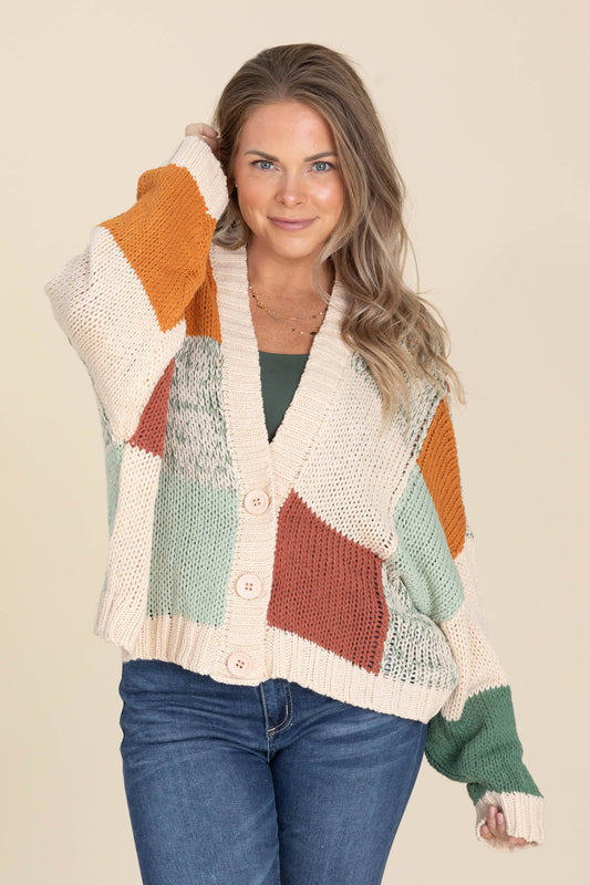 Beige Colorblock Crochet V-Neck Cardigan