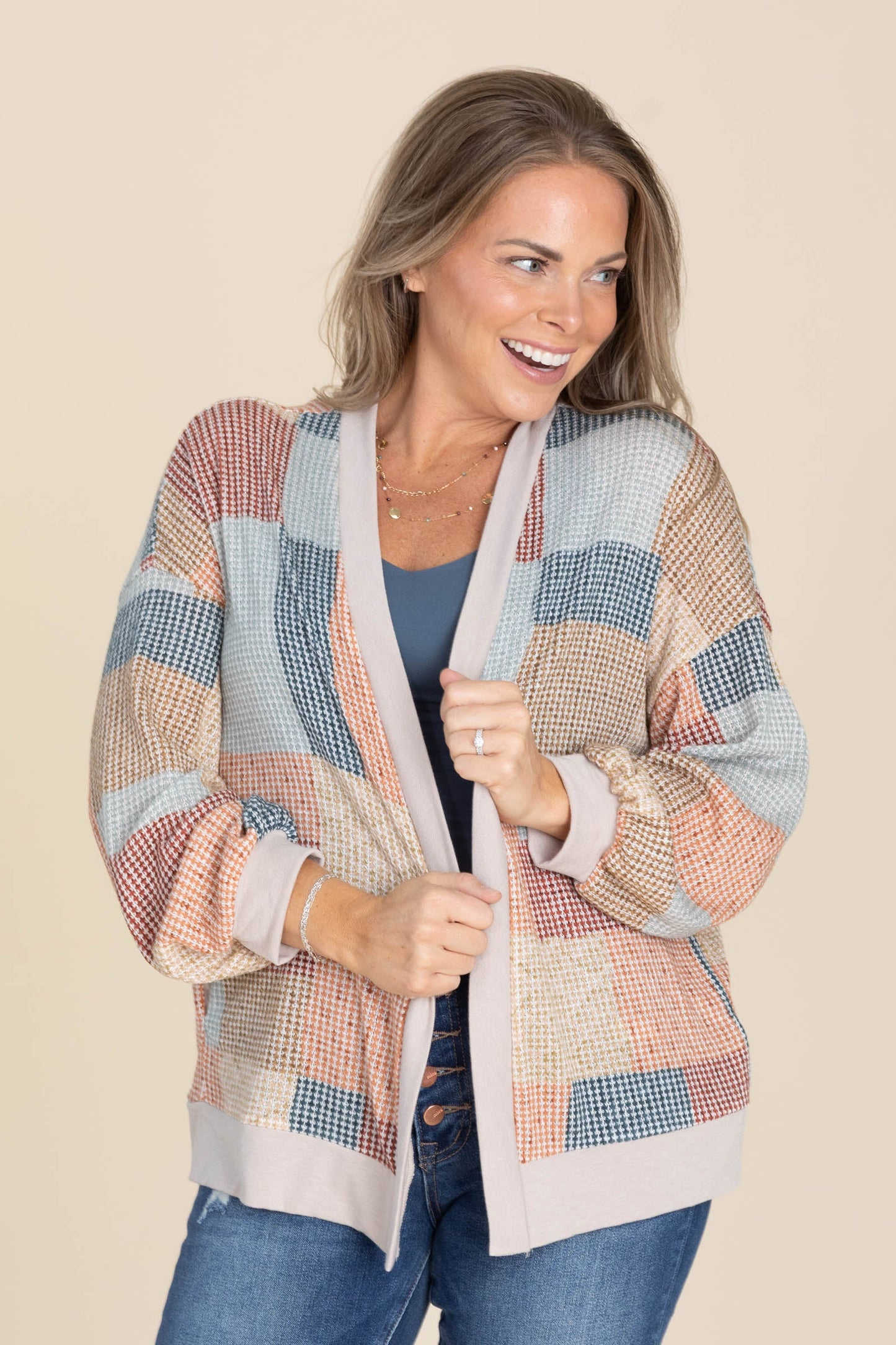 Taupe And Rust Patchwork Open Front Cardigan