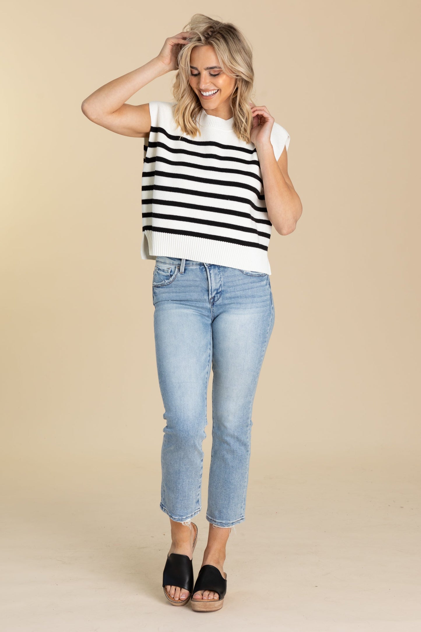 Oversized Crewneck Stripe Cap Sleeve Sweaters