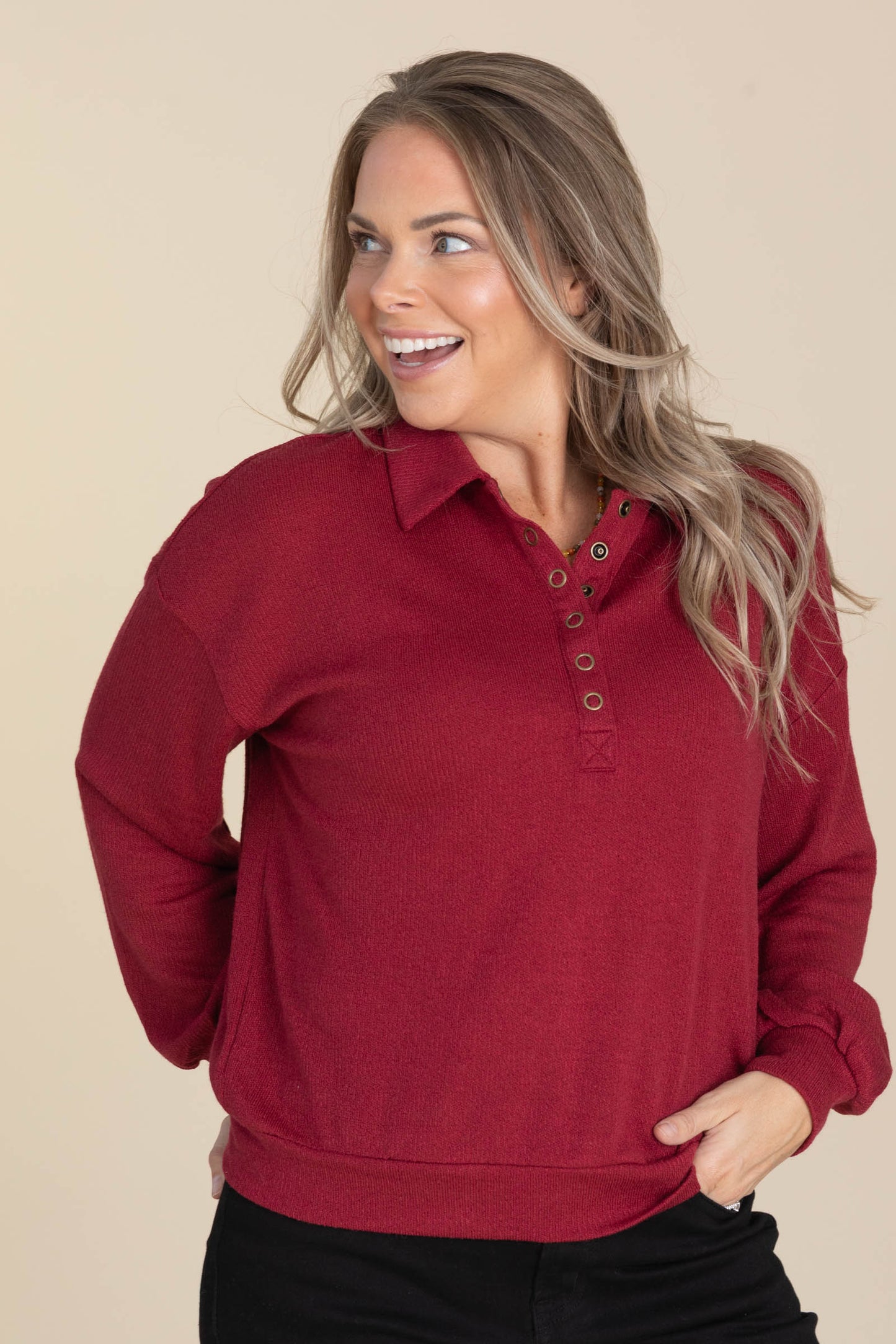 Collared Half Snap Button Long Sleeve Knit Top