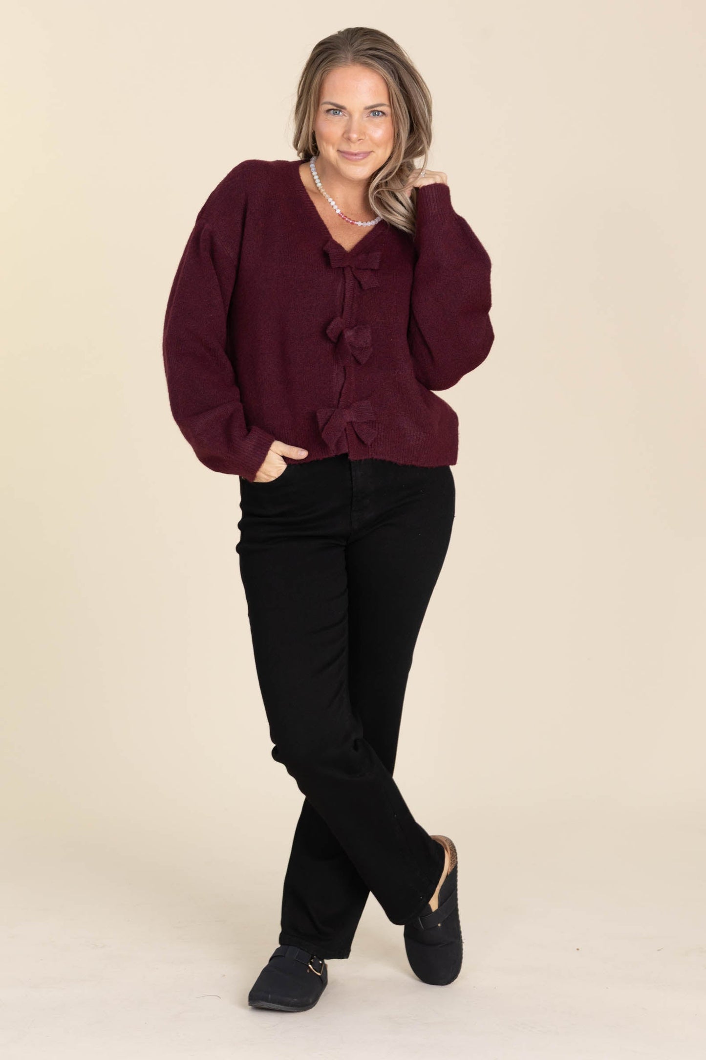 Burgundy Brushed Bow Detail Sweater