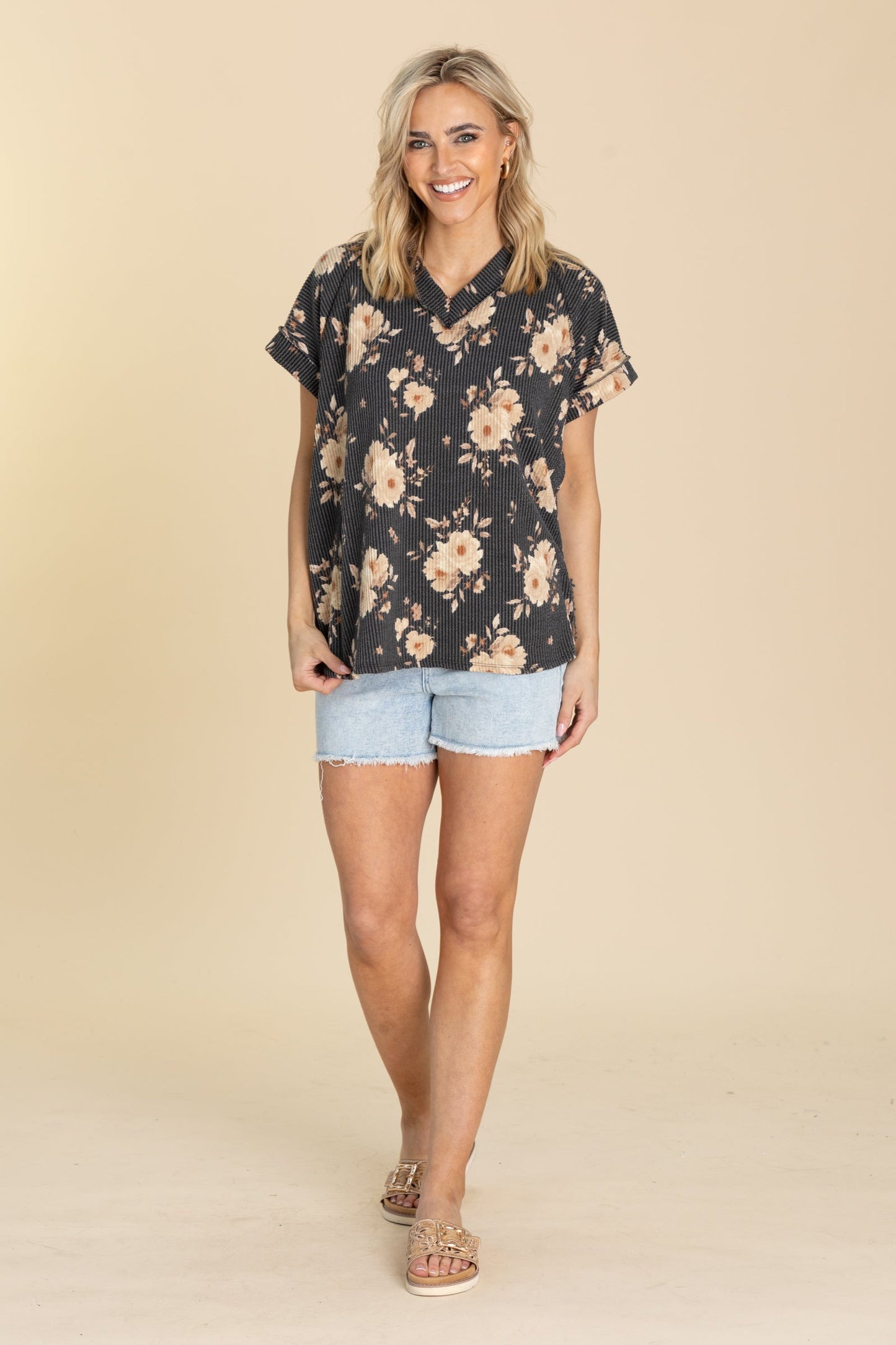 Flower Printed Ribbed Knit Tops