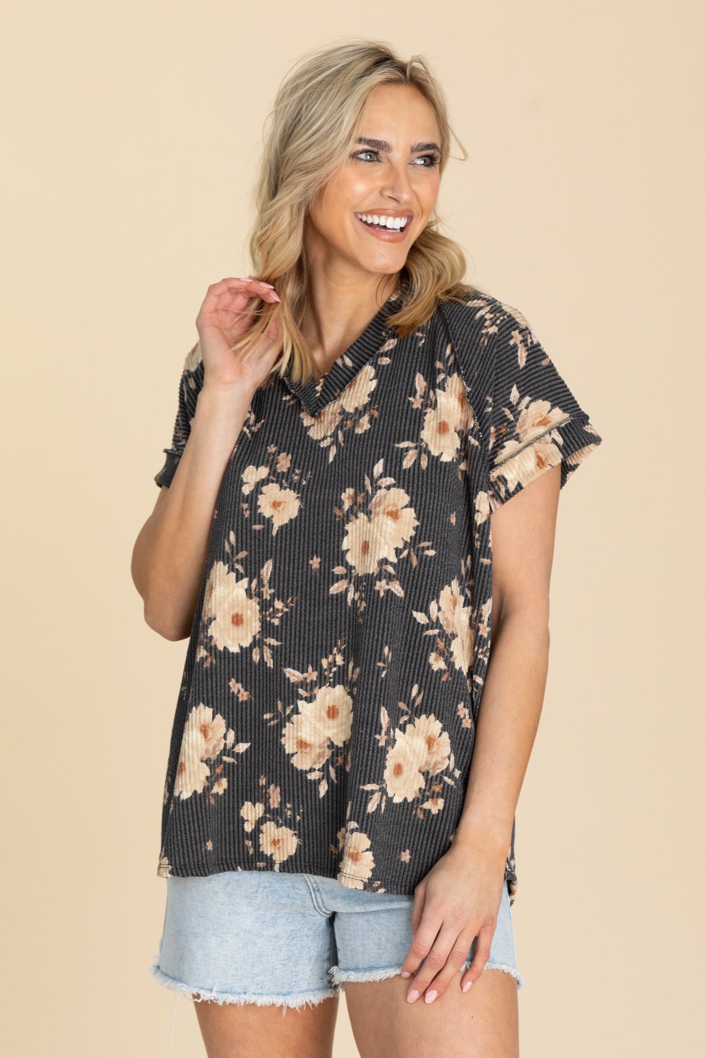 Flower Printed Ribbed Knit Tops