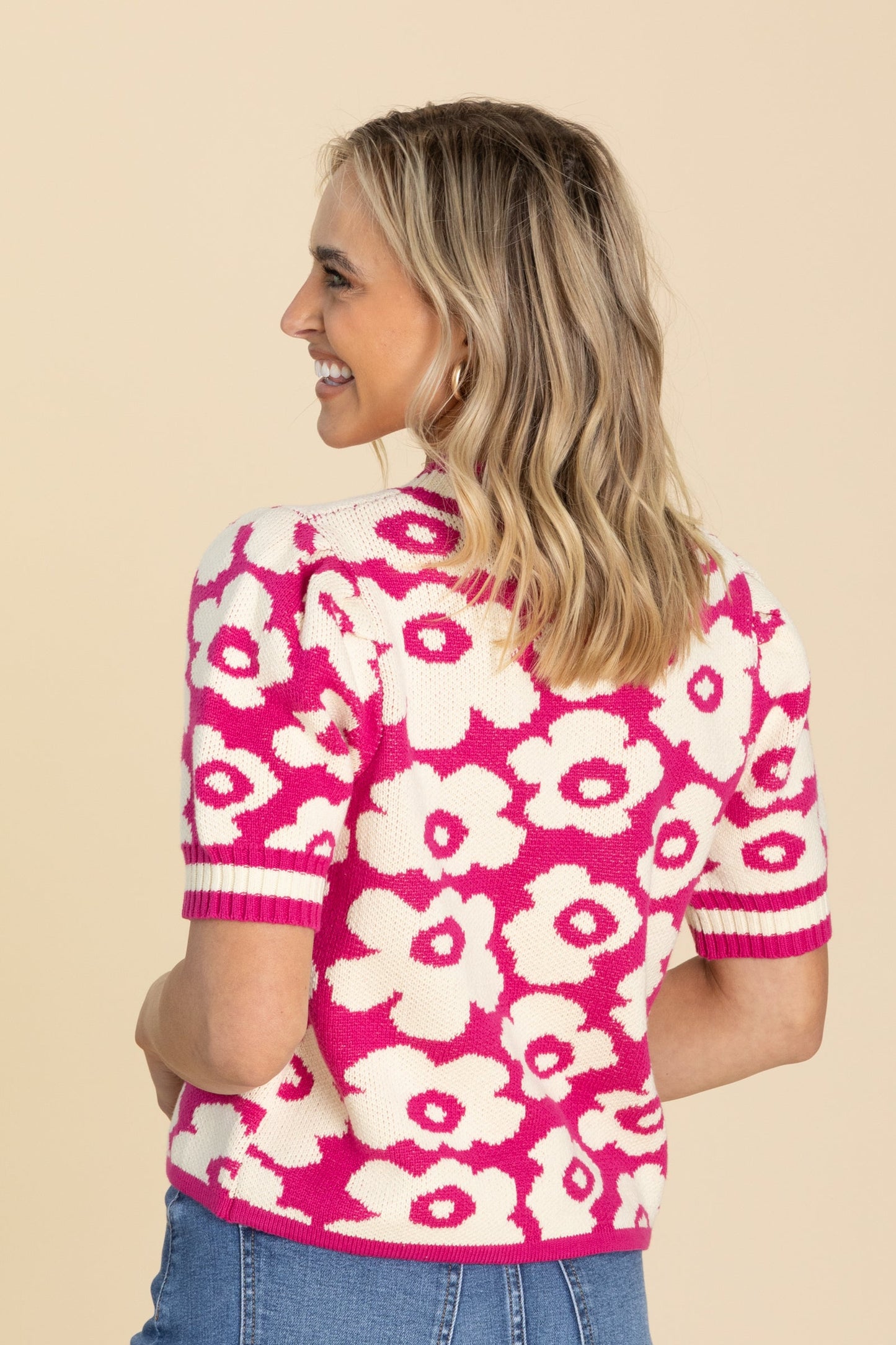 Magenta Flower Print Puff Sleeve Knit Sweater