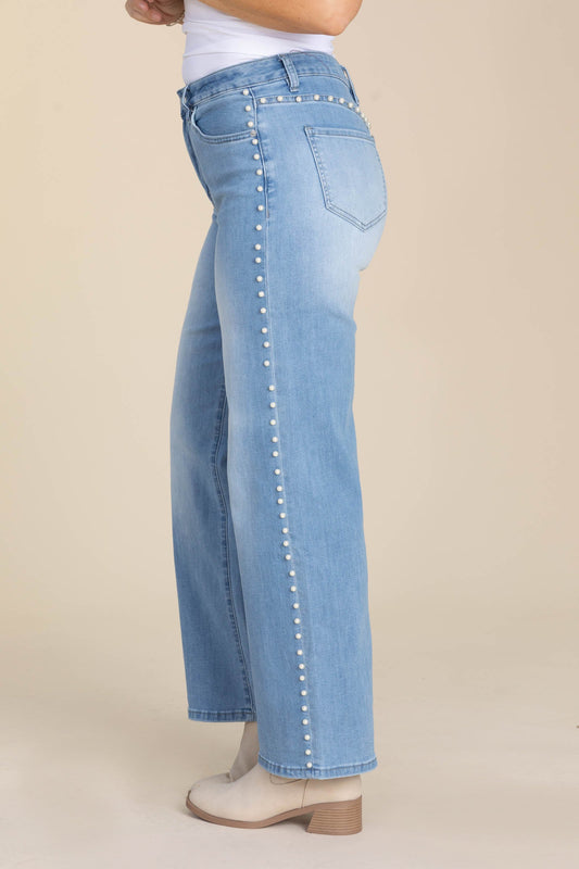 Mica Wide Leg Pearl Embellishment Jeans