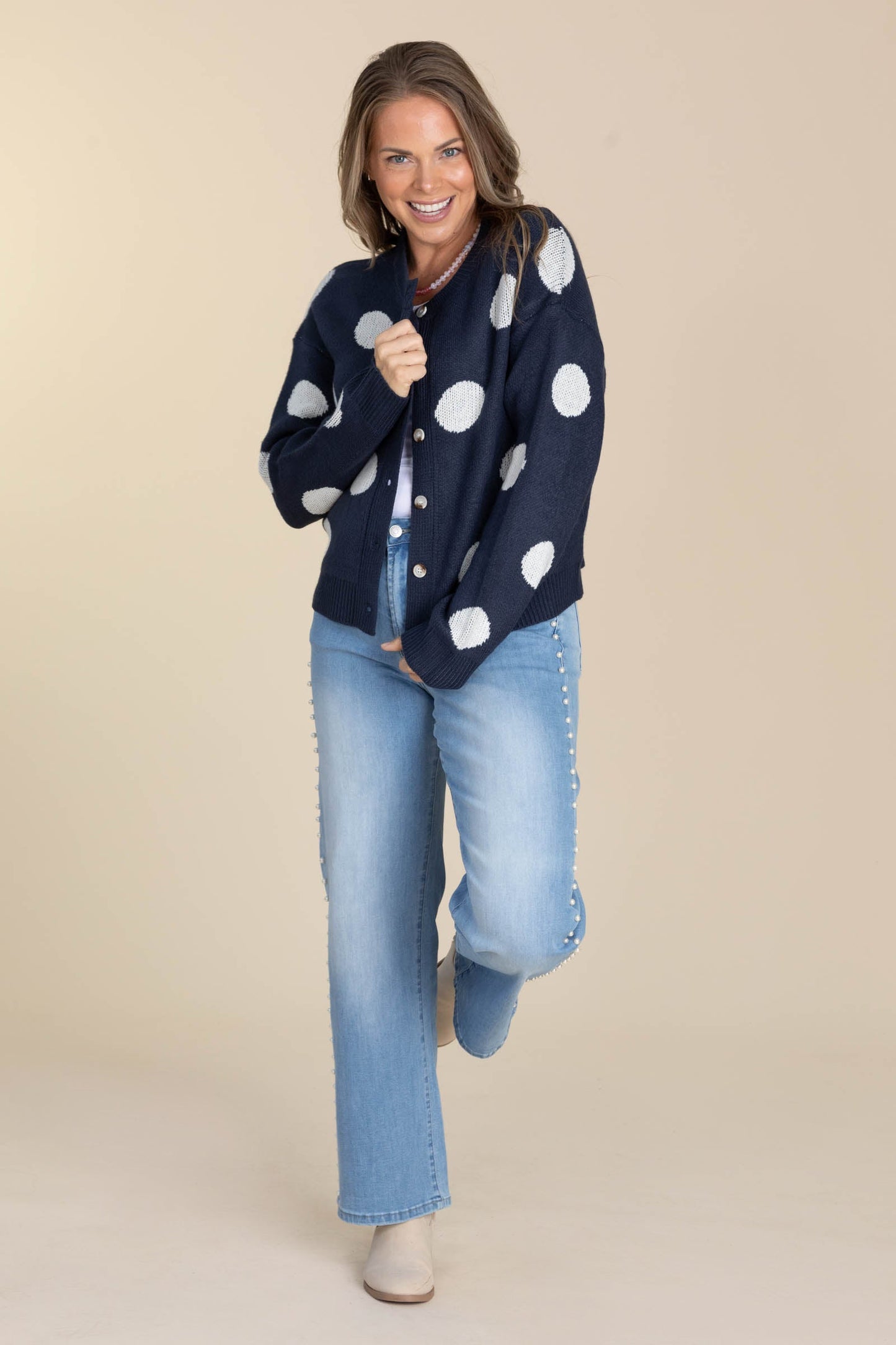 Navy With White Polka Dot Button Up Cardigan