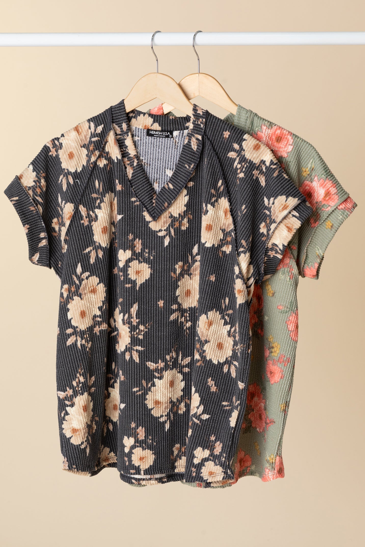 Flower Printed Ribbed Knit Tops