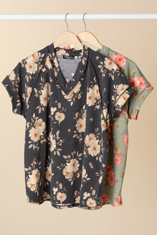 Flower Printed Ribbed Knit Tops