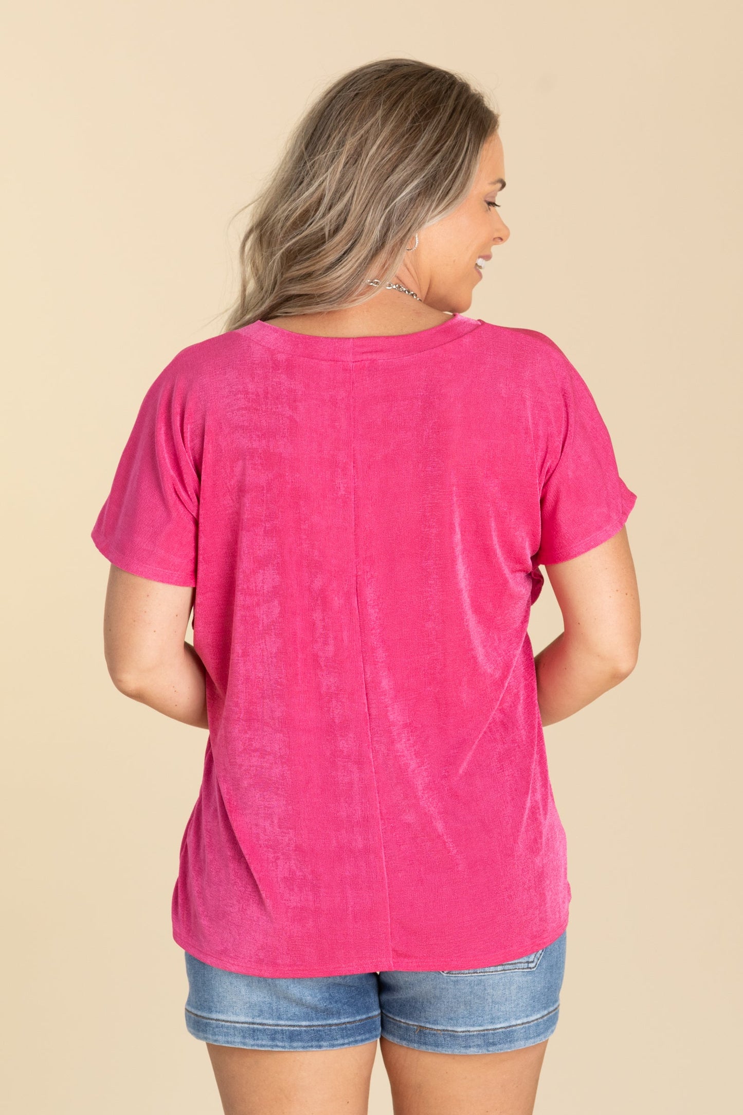 Fuchsia Chenile Flutter Short Sleeve Knit Top