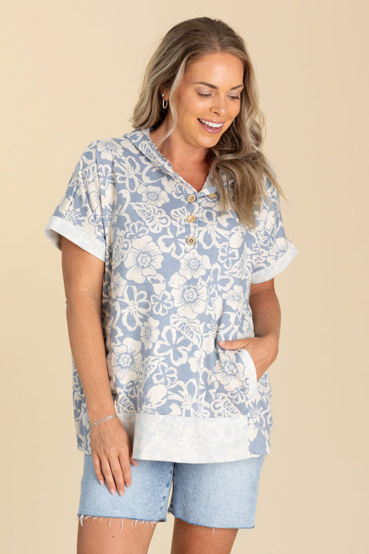 Dusty Blue Floral Reverse Hoodie Knit Top