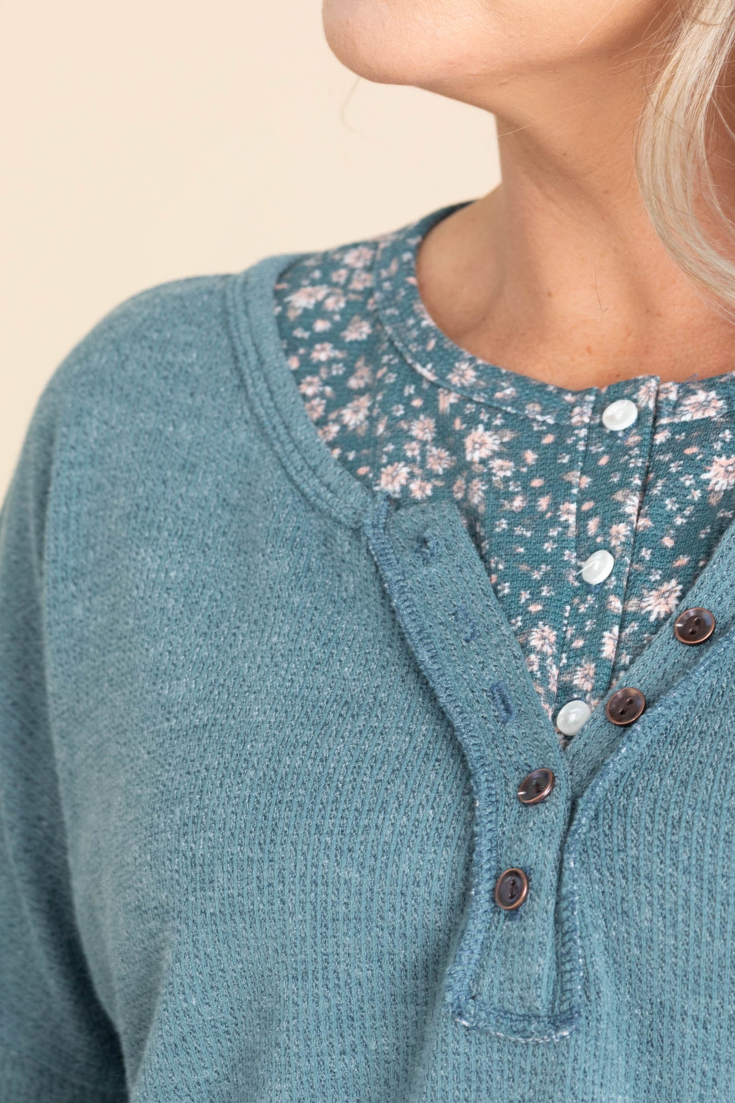Teal Knit Henley Top With Floral Trim Detail