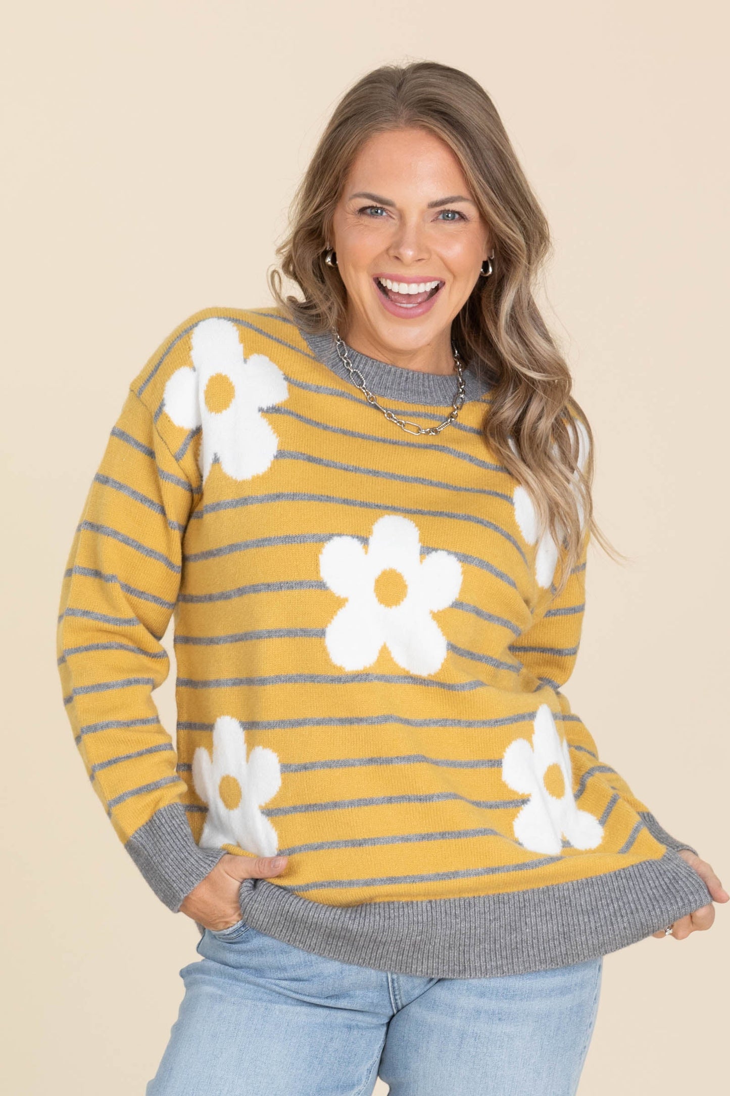 Mustard Daisy Patched Striped Sweater Top