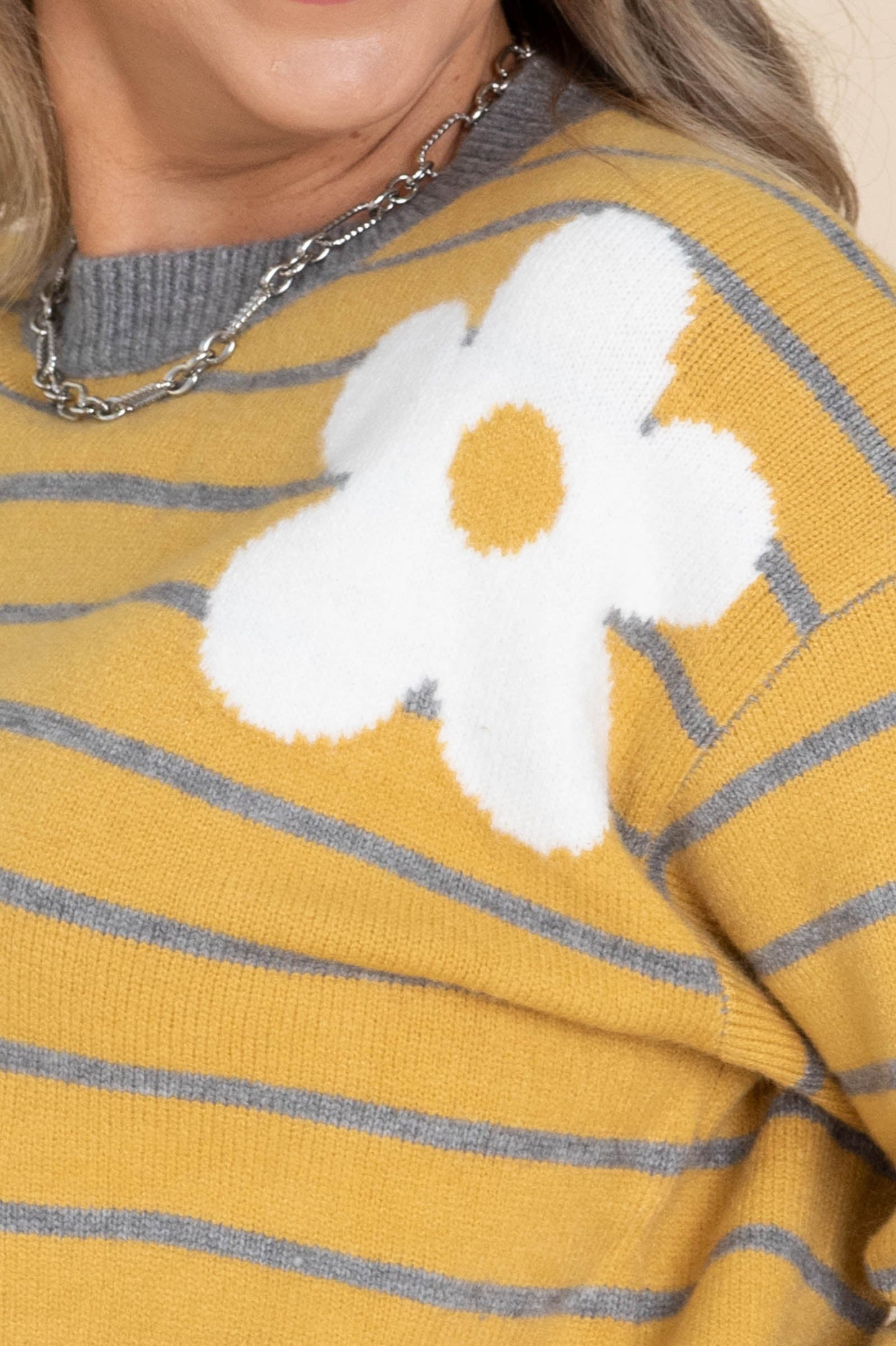 Mustard Daisy Patched Striped Sweater Top