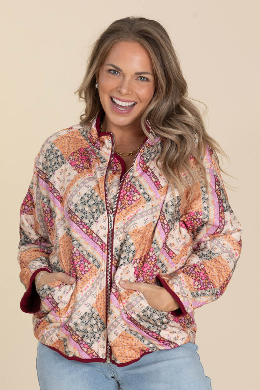 Burgundy Patch Print Light Padded Jacket