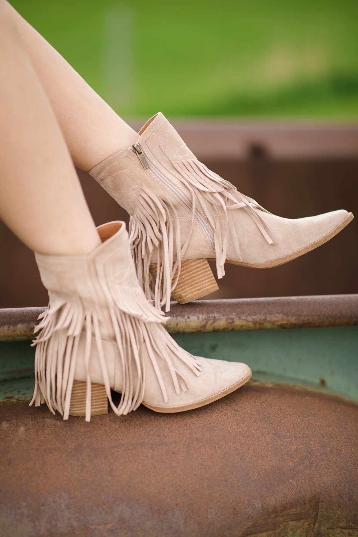 Oatmeal Fringe Pointed Toe Booties