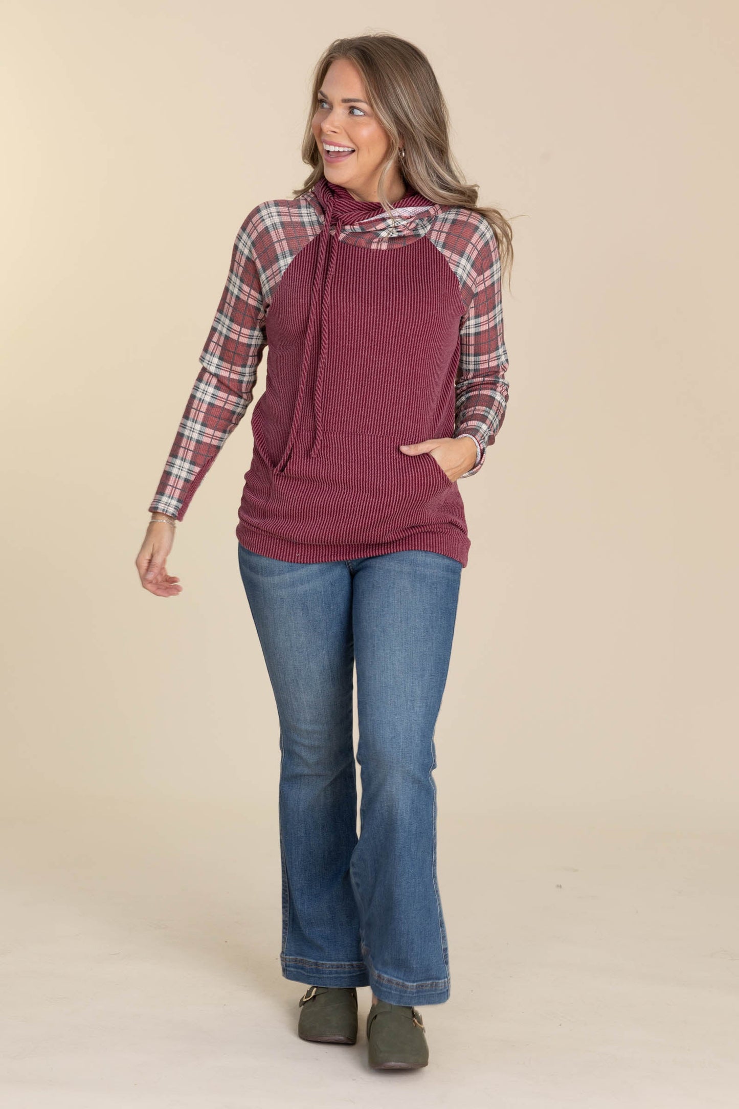 Burgundy Rib Plaid Contrast Hoodie Knit Top