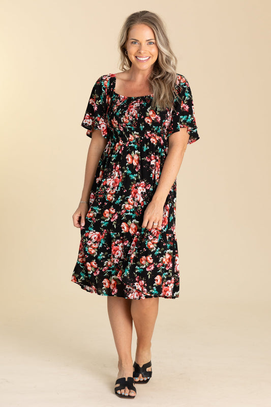 Black Floral Smocked Dress
