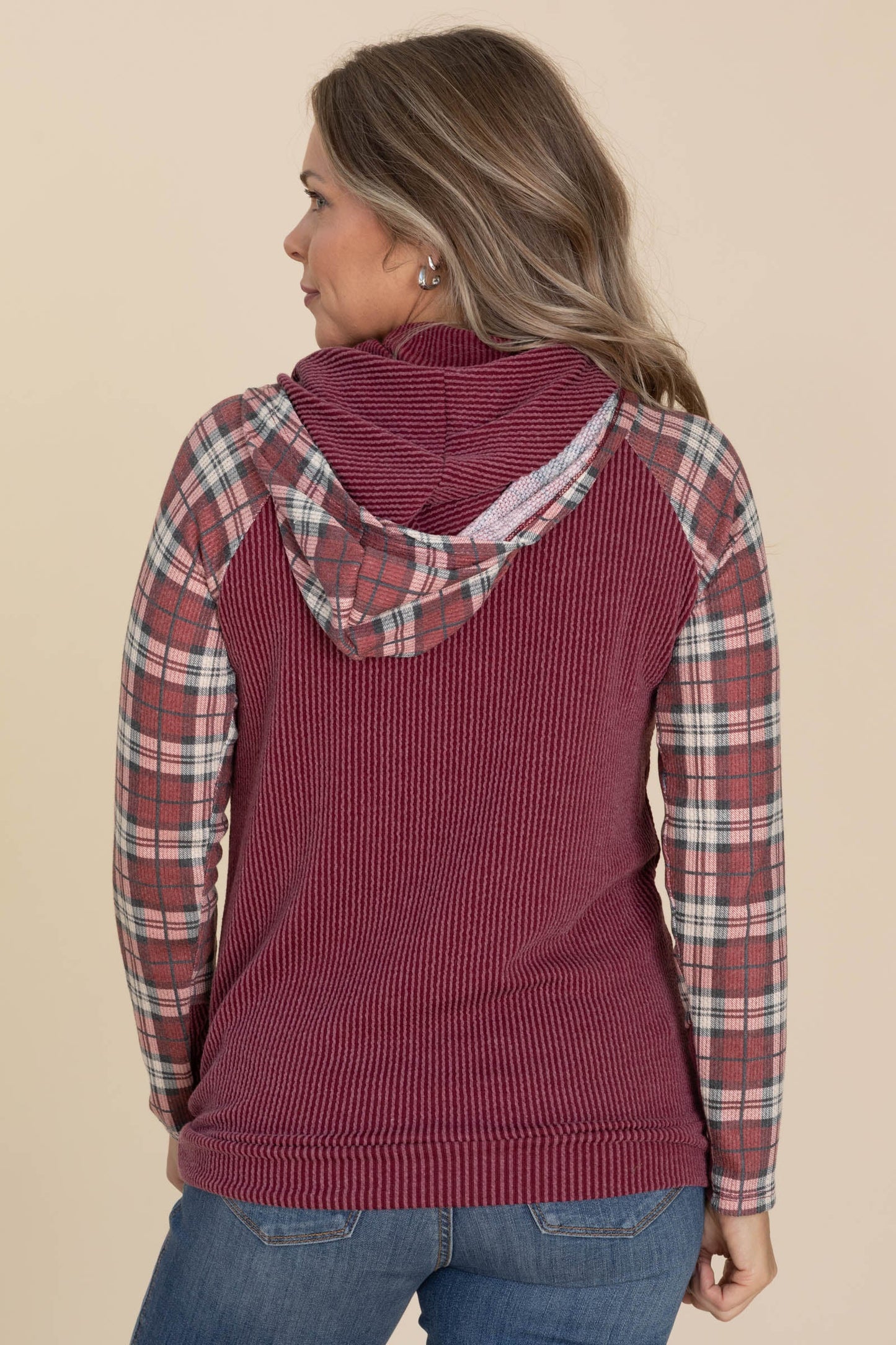 Burgundy Rib Plaid Contrast Hoodie Knit Top
