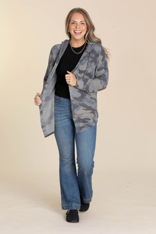 Soft Brushed Camo Print Hooded Button Up
